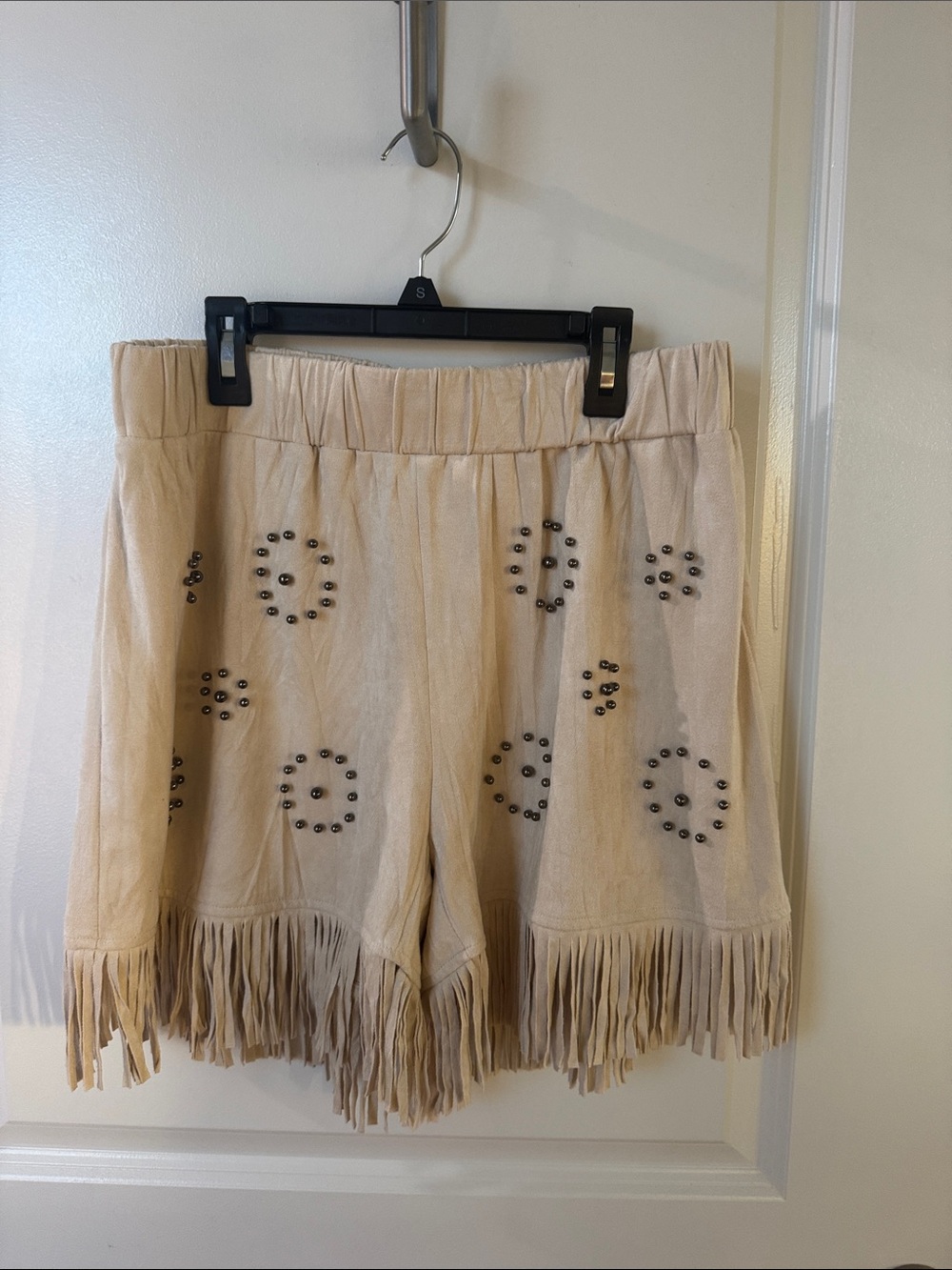 Vocal Beige Studded Fringe Suede-Look Shorts